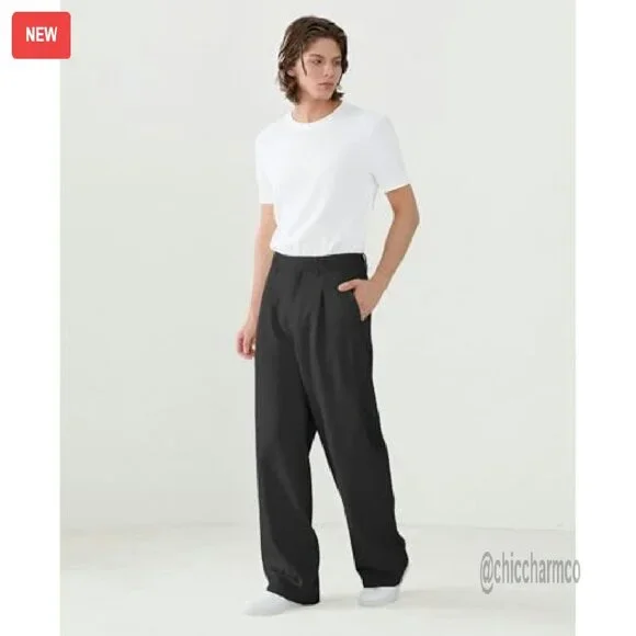 Men's Wide Leg Pleated Dress Pants Elastic Waist Wrinkle Resistant